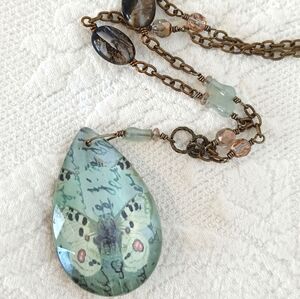 Hand Crafted Teardrop Butterfly Necklace Blue Brown Gemstone Beads Flourite Bras